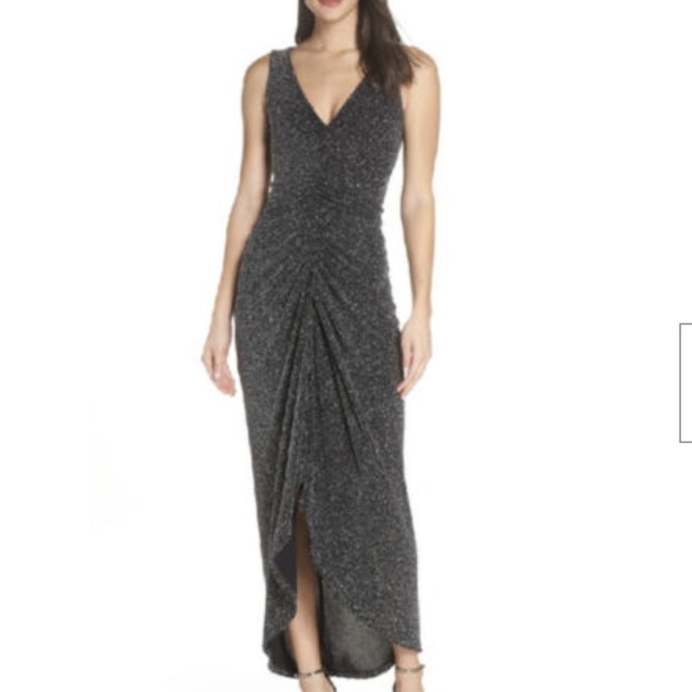 EUC Vince Camuto Ruched Glitter Black Evening Gown